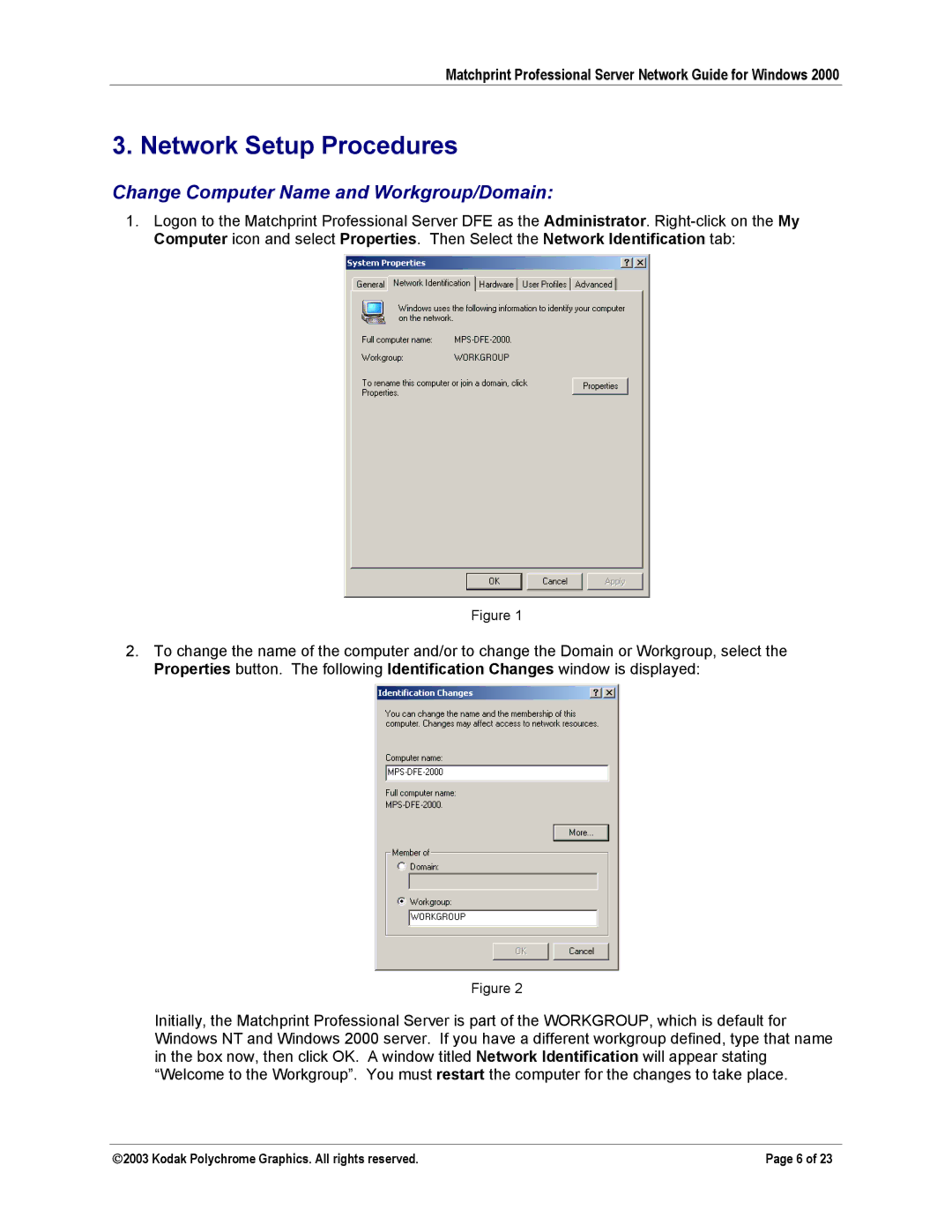 Kodak KY0730483 manual Network Setup Procedures, Change Computer Name and Workgroup/Domain 