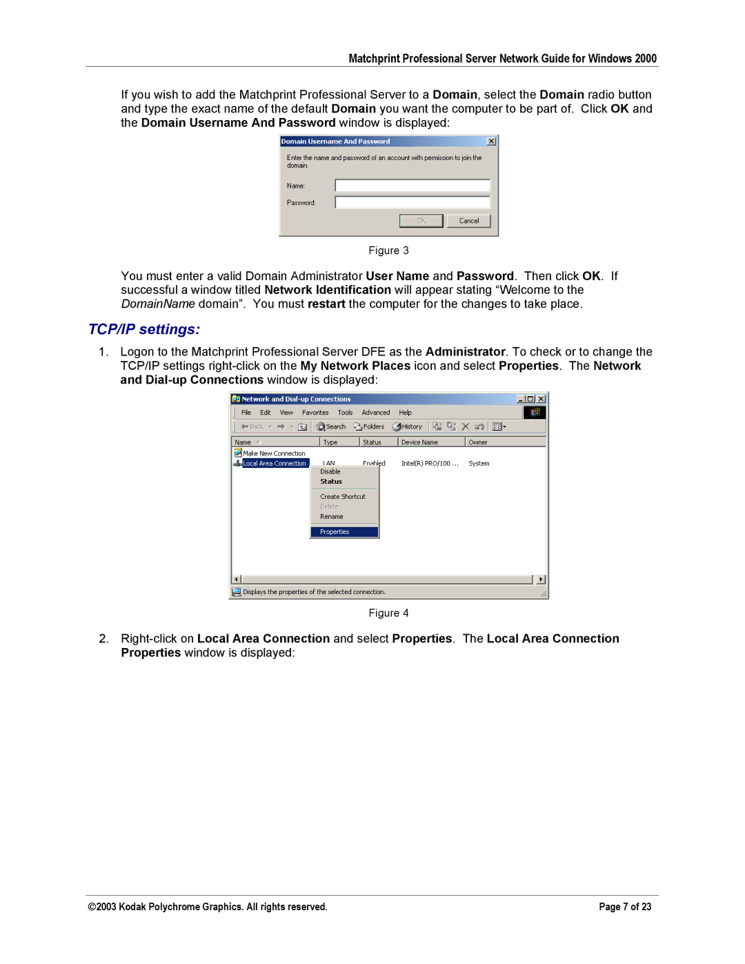 Kodak KY0730483 manual TCP/IP settings 