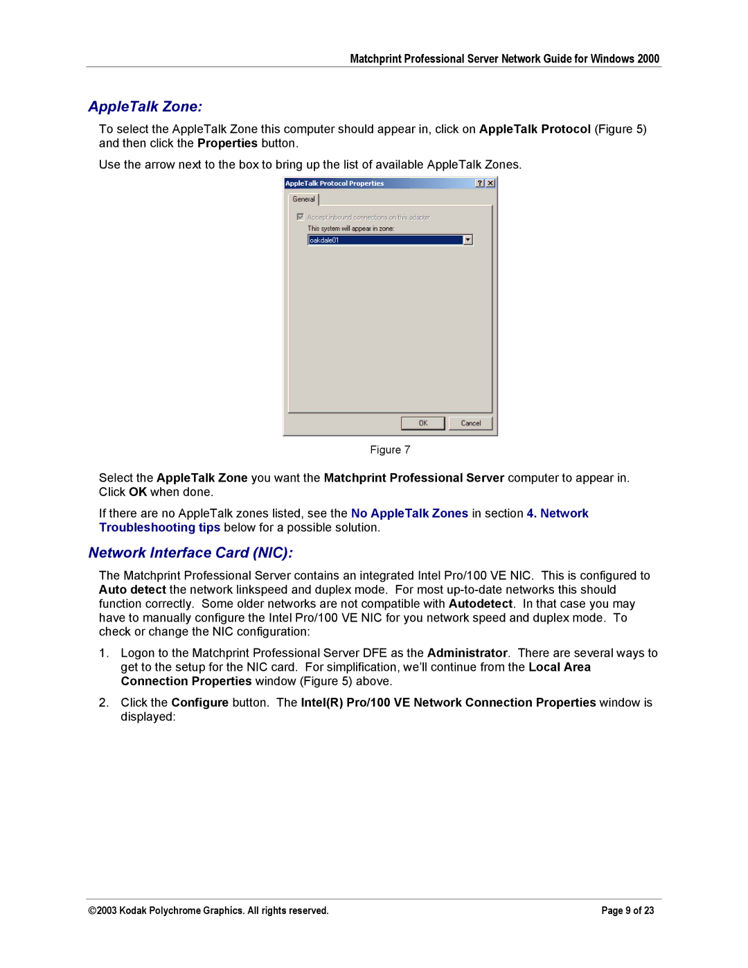 Kodak KY0730483 manual AppleTalk Zone, Network Interface Card NIC 