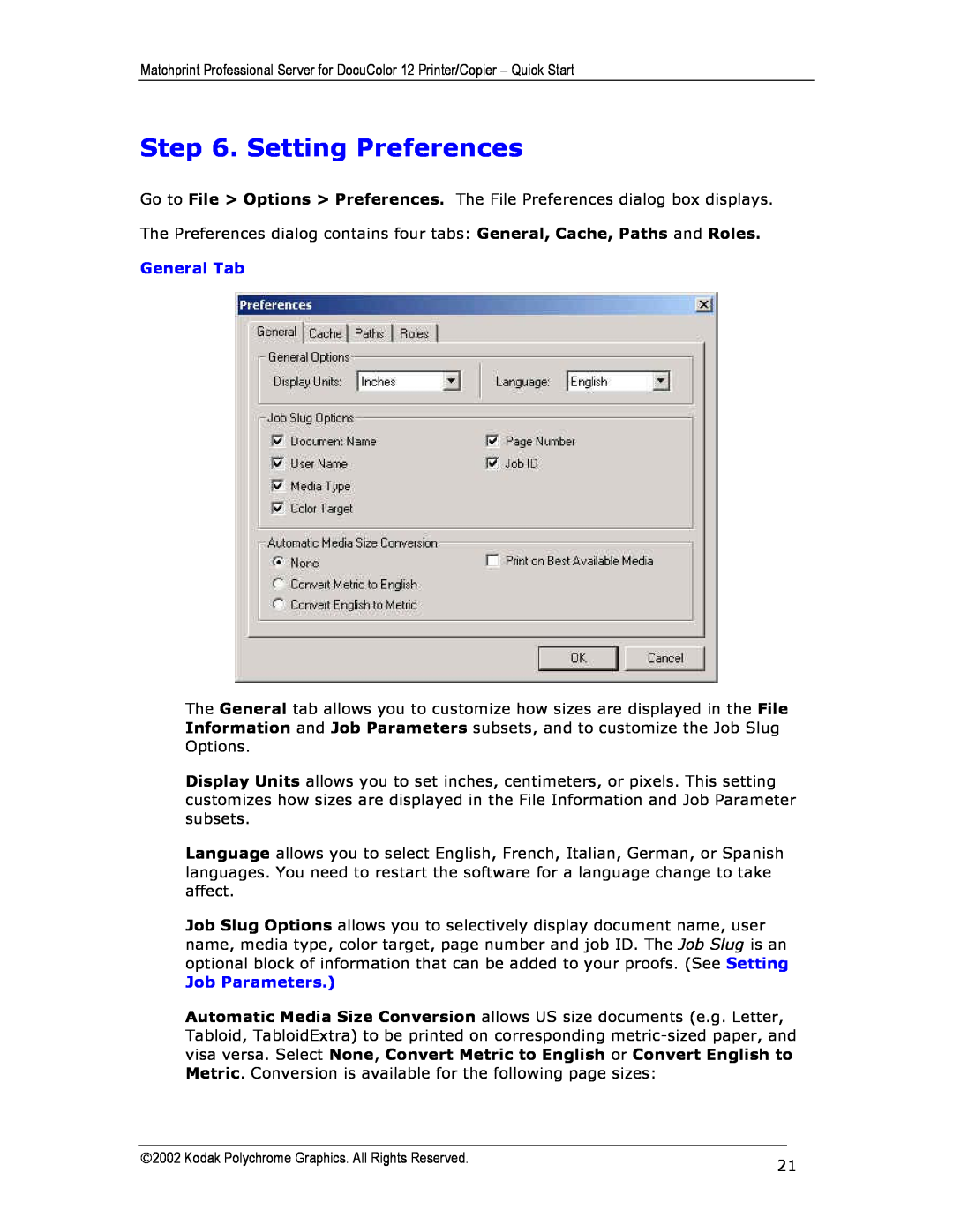 Kodak KY0730485 quick start Setting Preferences, General Tab, Job Parameters 