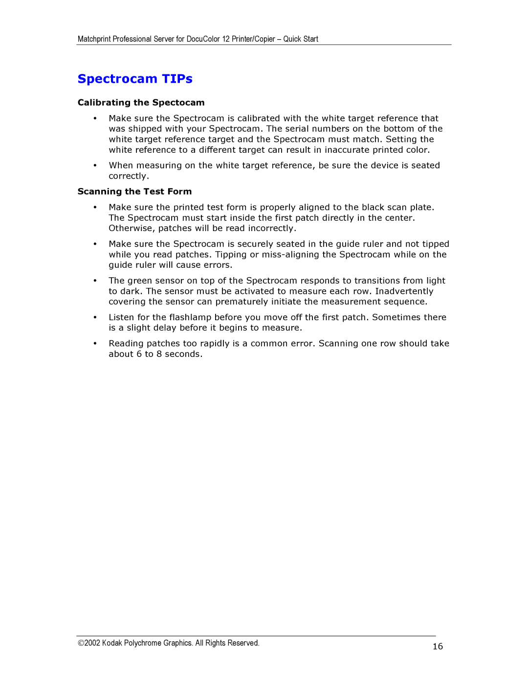 Kodak KY0730485 quick start Spectrocam TIPs 