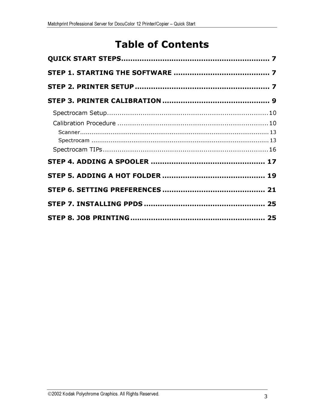 Kodak KY0730485 quick start Table of Contents 