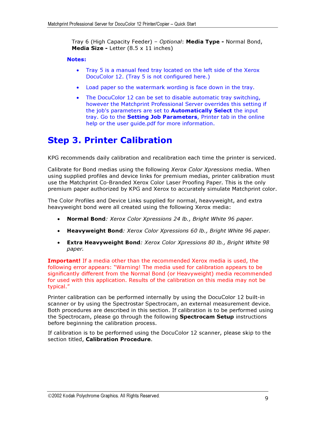 Kodak KY0730485 quick start Printer Calibration 