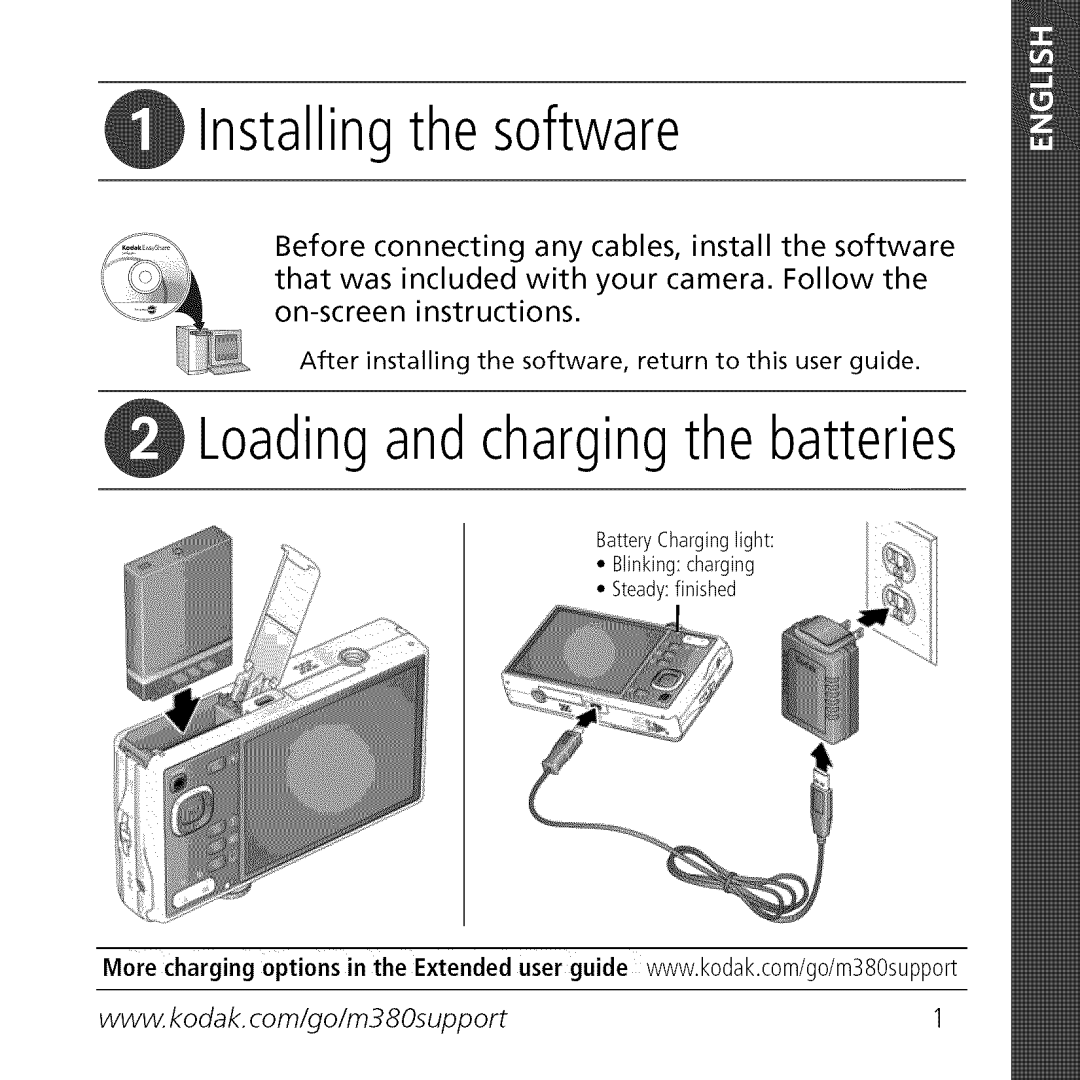 Kodak M380, L0904572 manual Installing the software, Loading and charging the batteries 