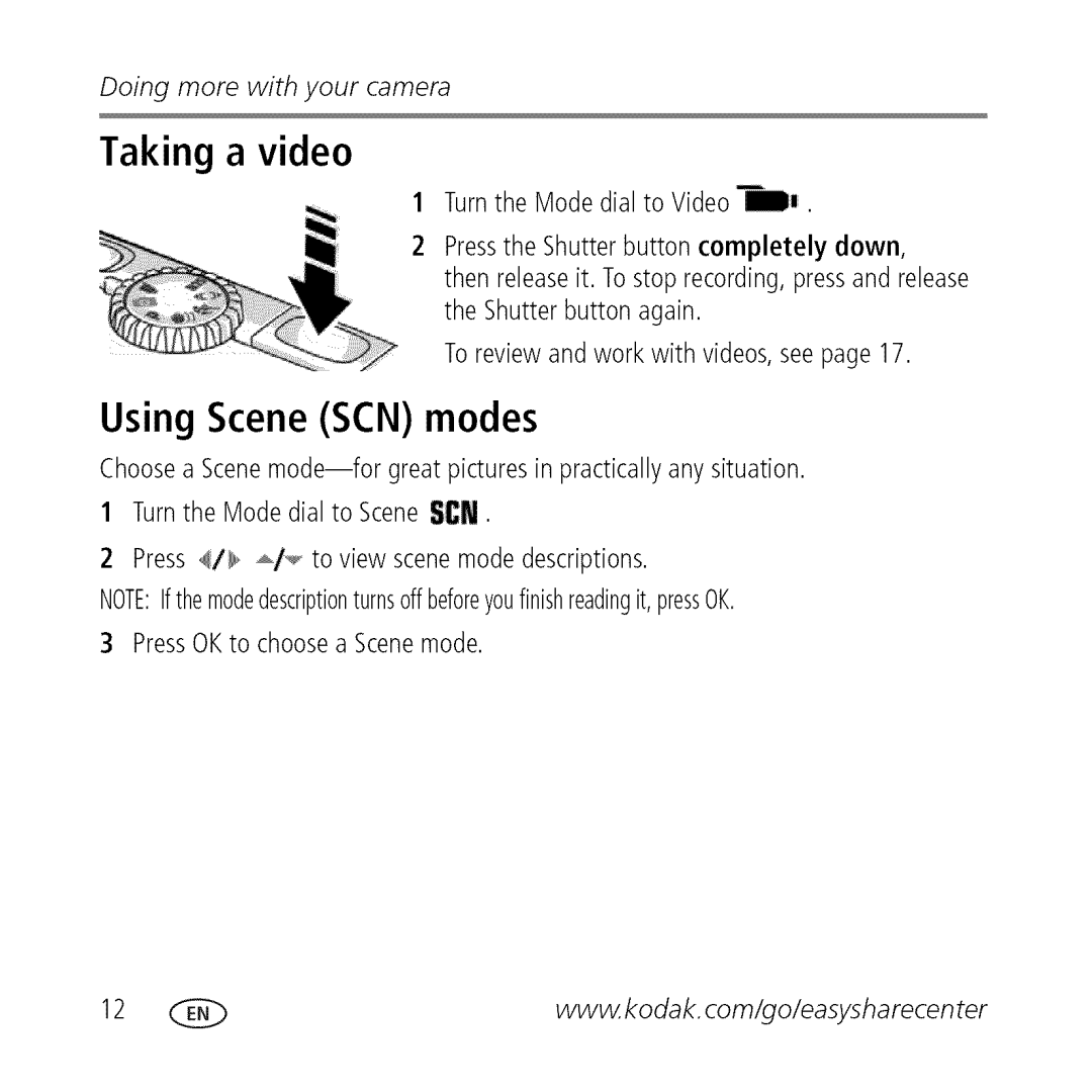 Kodak L0904572, M380 manual Taking a video, Using Scene SCN modes 