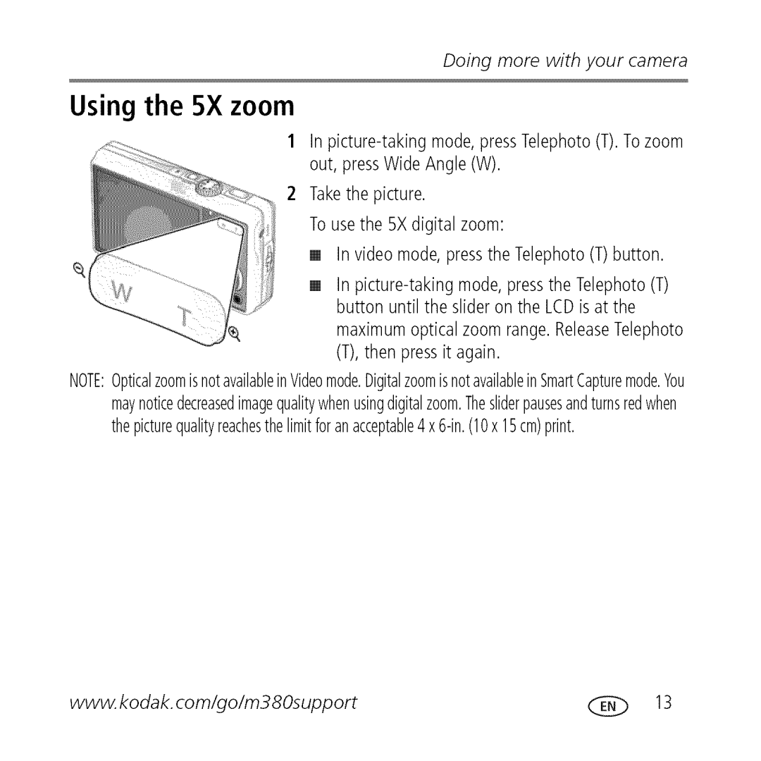 Kodak M380, L0904572 manual Using the 5X zoom 