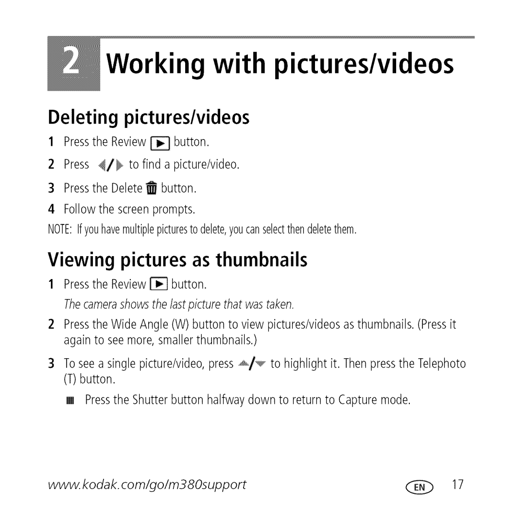 Kodak M380, L0904572 manual Working with pictures/videos, Deleting pictures/videos, Viewing pictures as thumbnails 