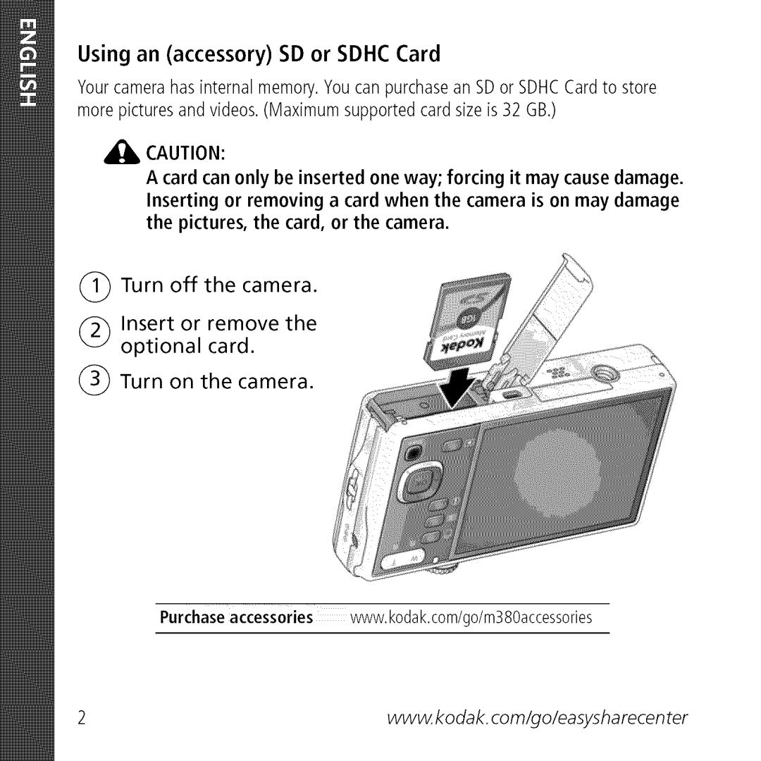 Kodak L0904572, M380 manual Using an accessory SD or Sdhc Card 