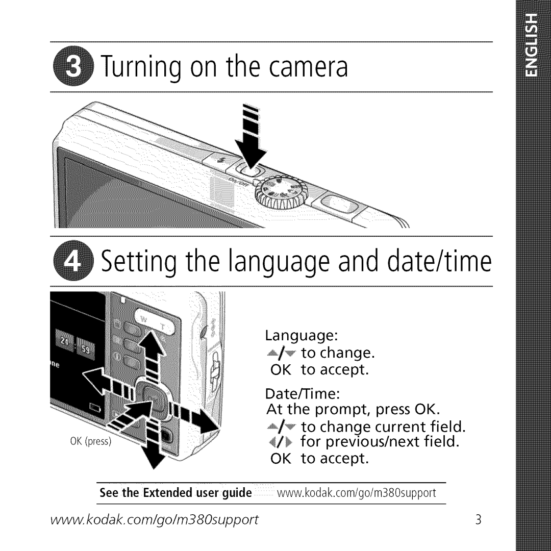 Kodak M380, L0904572 manual O1 Turning on the camera Setting the language and date/time 