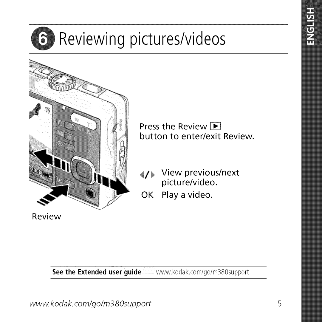 Kodak M380, L0904572 manual Reviewing pictures/videos 