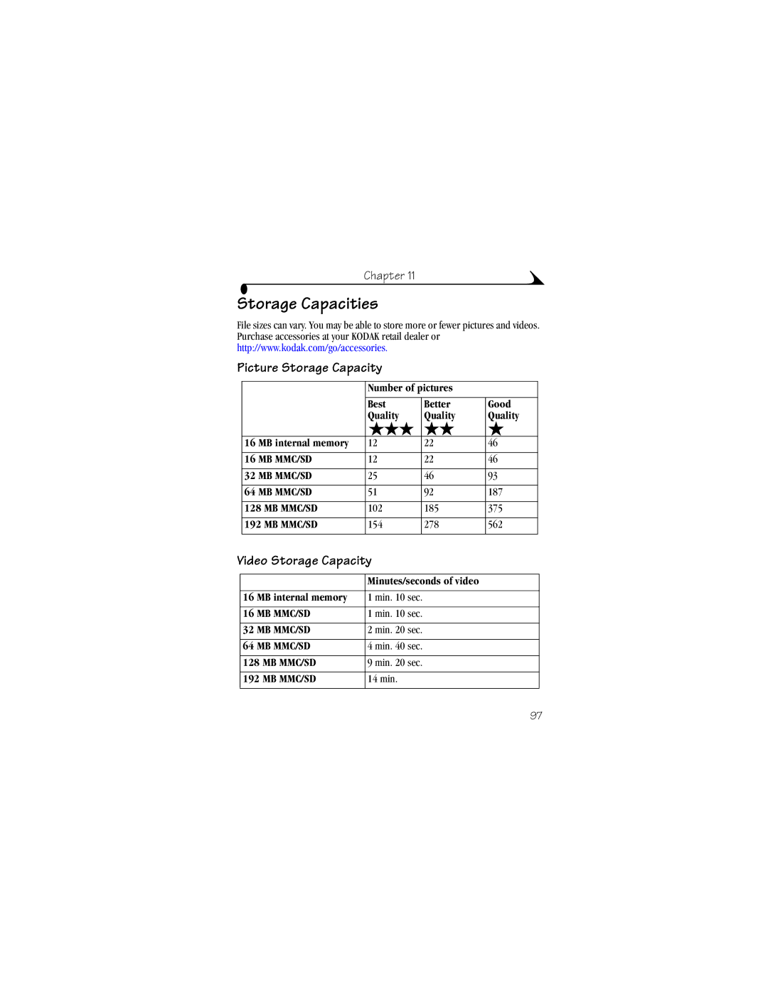 Kodak LS443 manual Storage Capacities, Picture Storage Capacity, Video Storage Capacity 