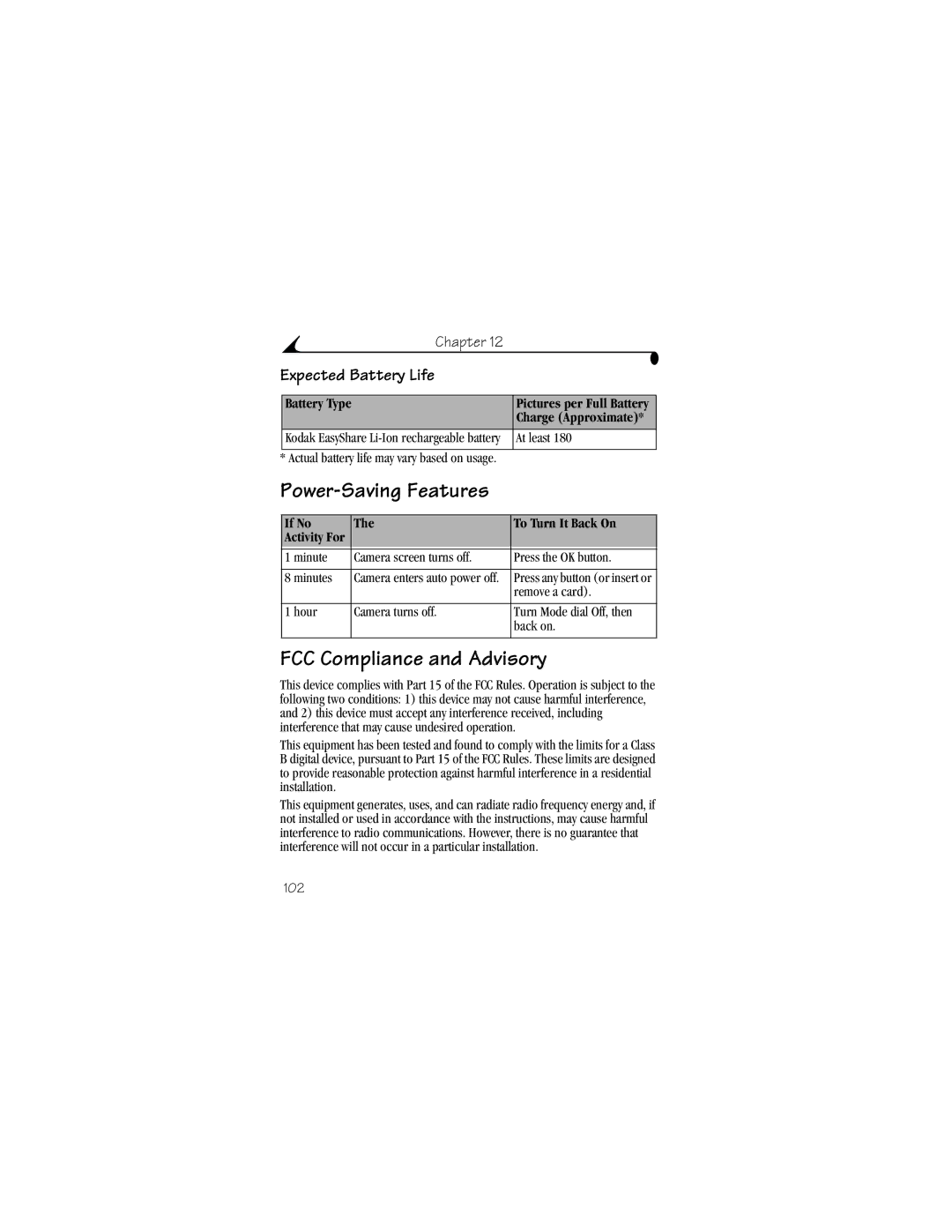 Kodak LS633 manual Power-Saving Features, FCC Compliance and Advisory, Expected Battery Life, Battery Type 