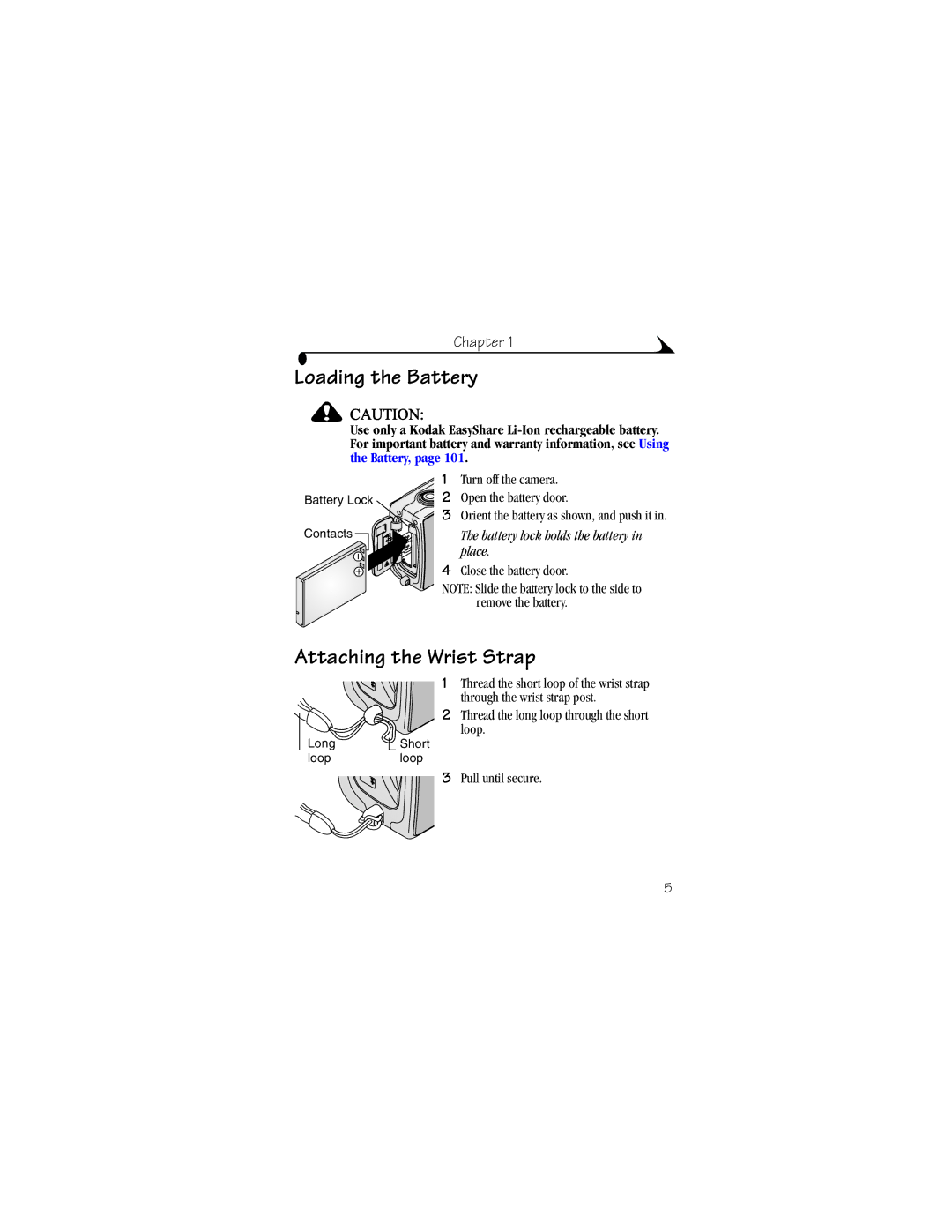 Kodak LS633 manual Loading the Battery, Attaching the Wrist Strap 