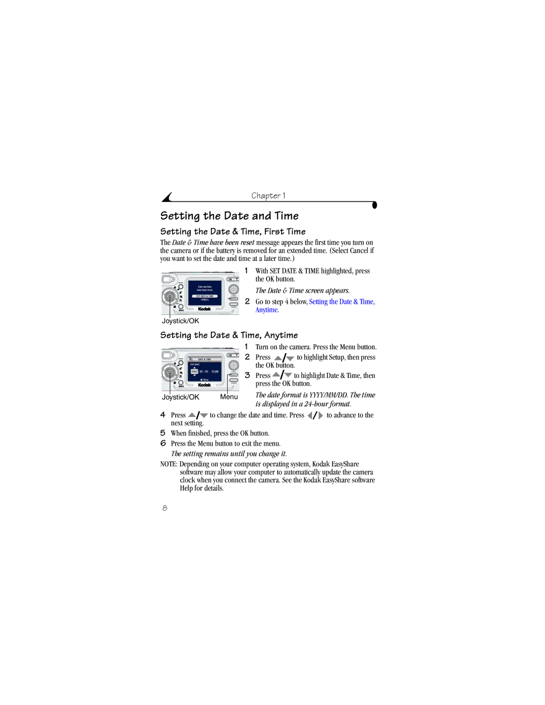 Kodak LS633 manual Setting the Date and Time, Setting the Date & Time, First Time, Setting the Date & Time, Anytime 