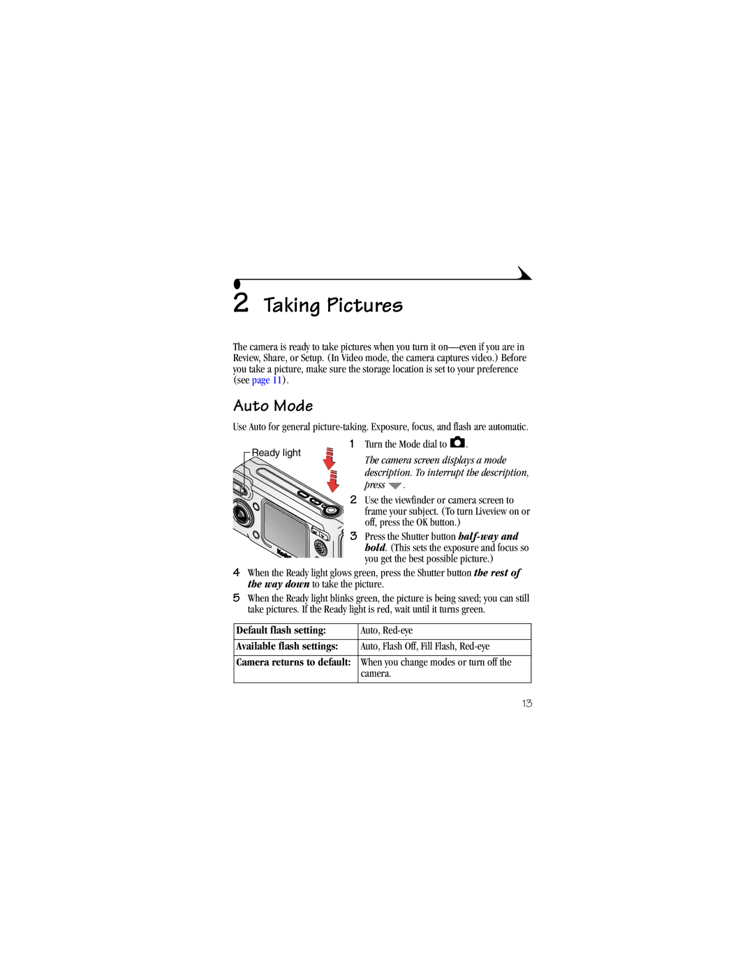 Kodak LS633 manual Taking Pictures, Auto Mode, Default flash setting, Available flash settings 