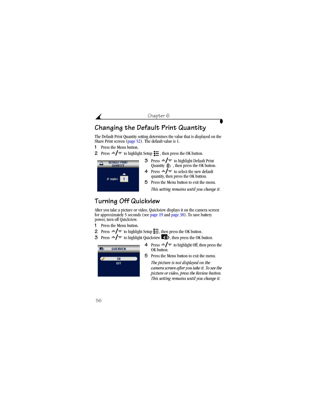 Kodak LS633 manual Changing the Default Print Quantity, Turning Off Quickview 