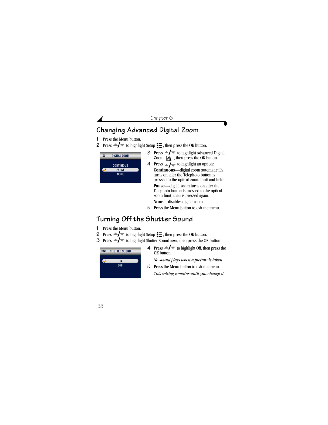 Kodak LS633 manual Changing Advanced Digital Zoom, Turning Off the Shutter Sound 