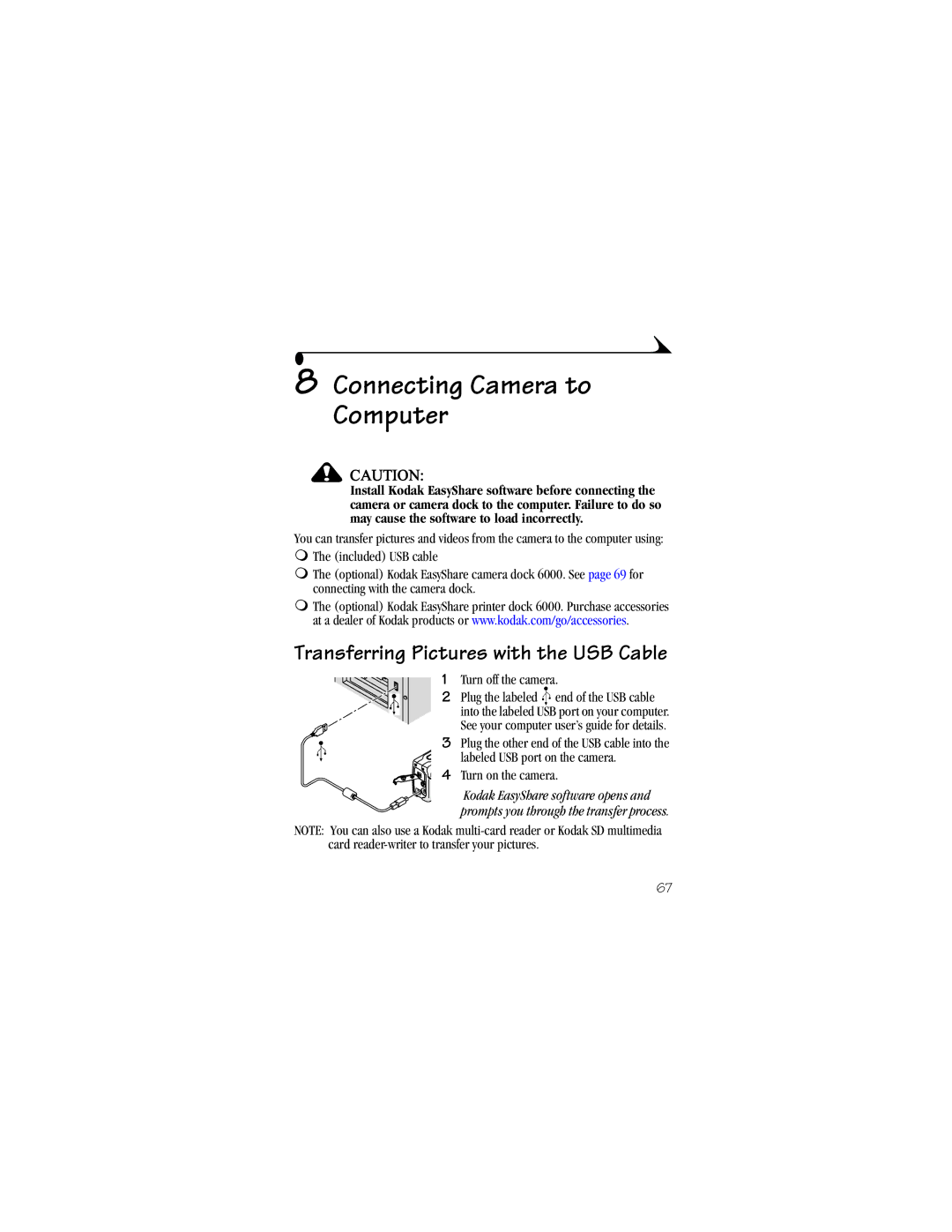 Kodak LS633 manual Connecting Camera to Computer, Transferring Pictures with the USB Cable 