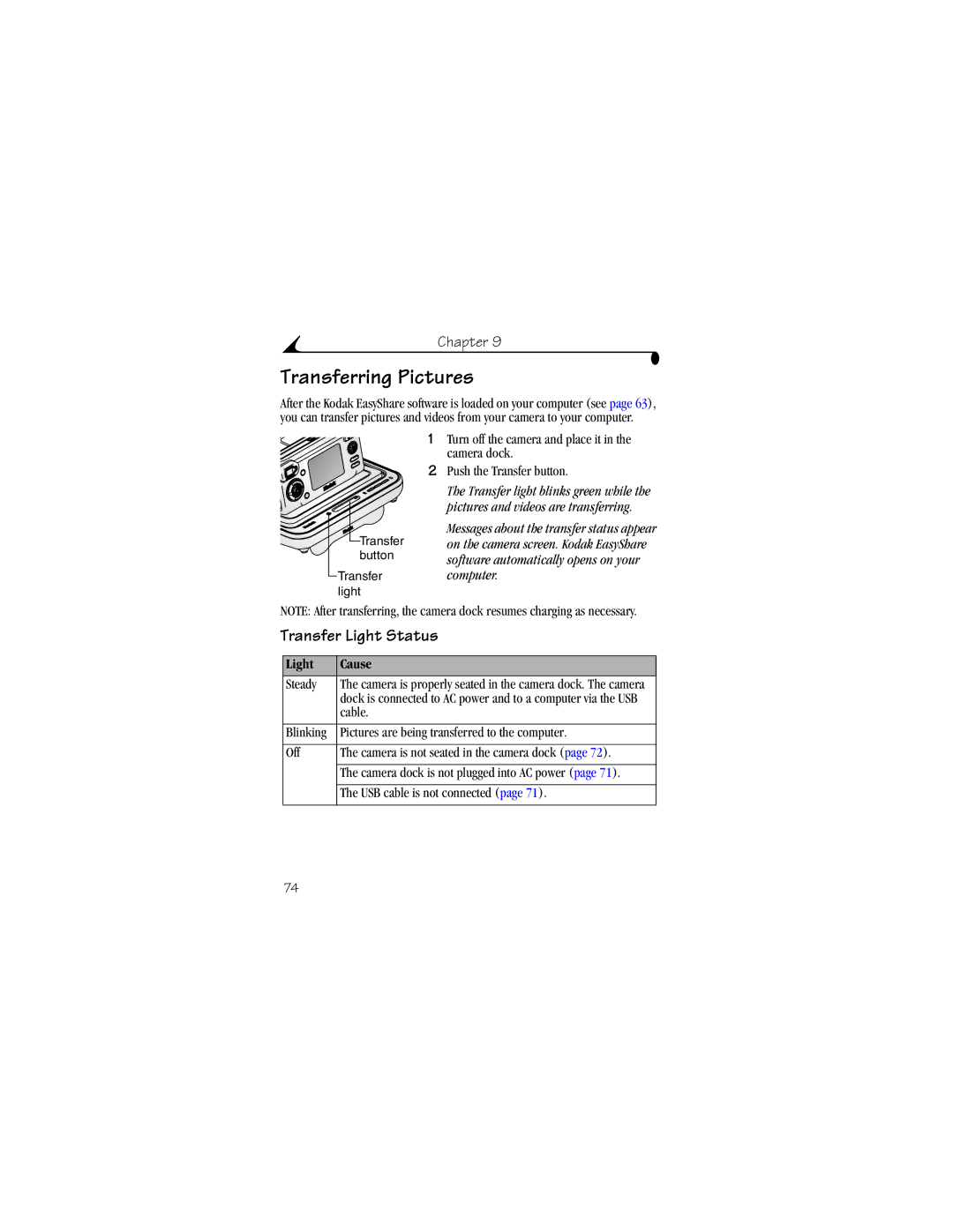 Kodak LS633 manual Transferring Pictures, Transfer Light Status, Light Cause 