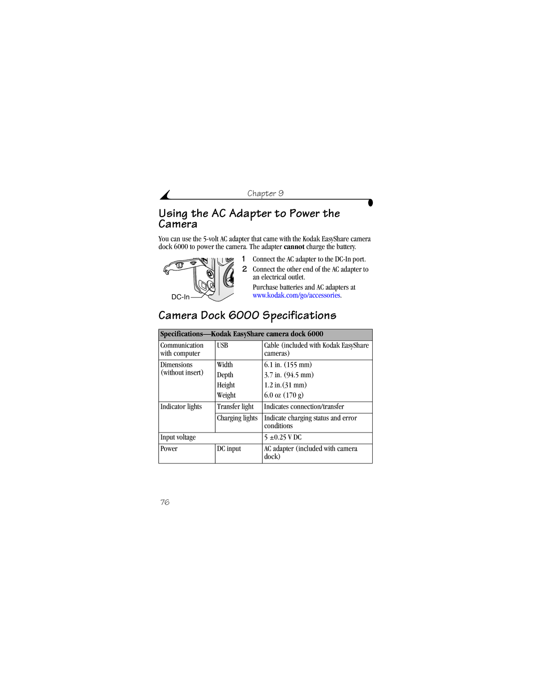 Kodak LS633 manual Using the AC Adapter to Power the Camera, Camera Dock 6000 Specifications 