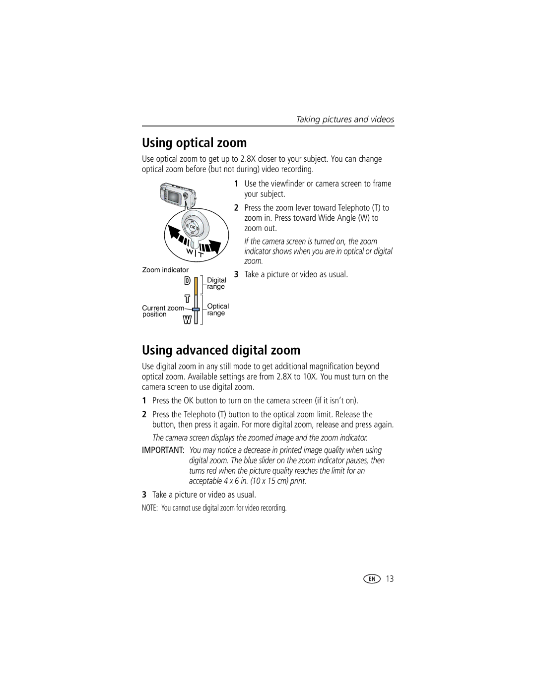 Kodak LS743 manual Using optical zoom, Using advanced digital zoom, Take a picture or video as usual 