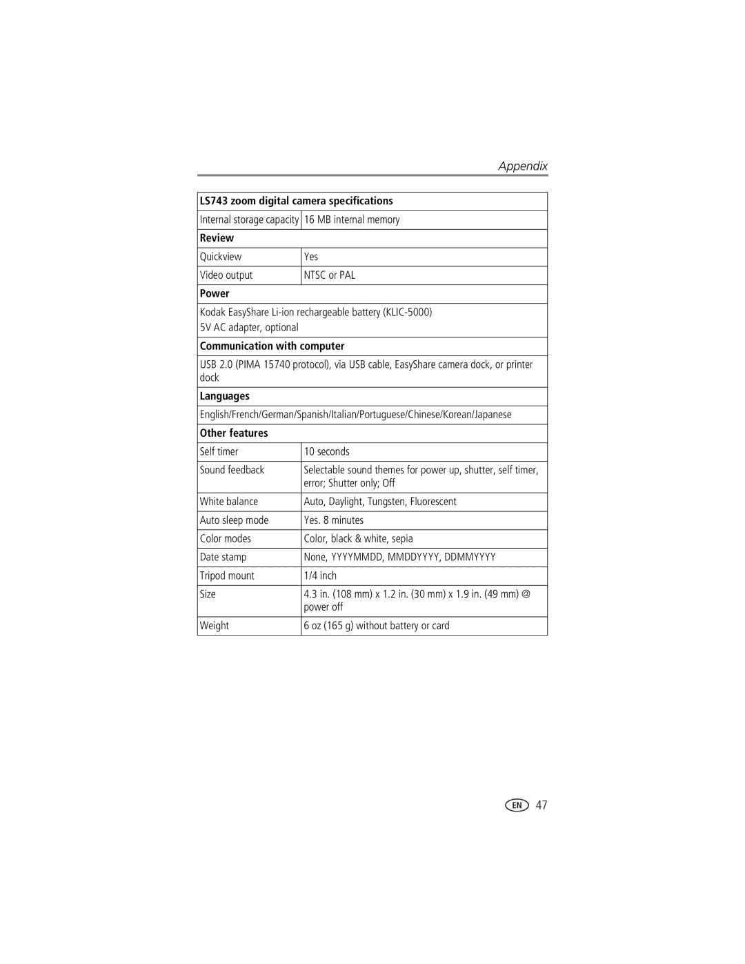 Kodak LS743 manual Review, Power, Communication with computer, Languages, Other features 