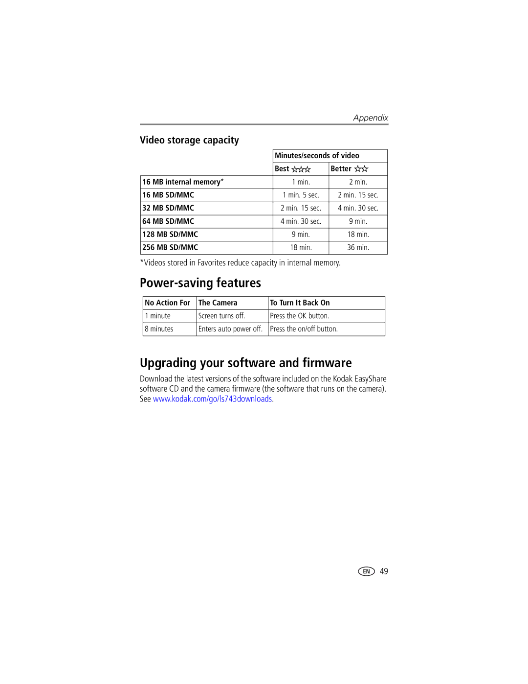 Kodak LS743 manual Power-saving features, Upgrading your software and firmware, Video storage capacity 