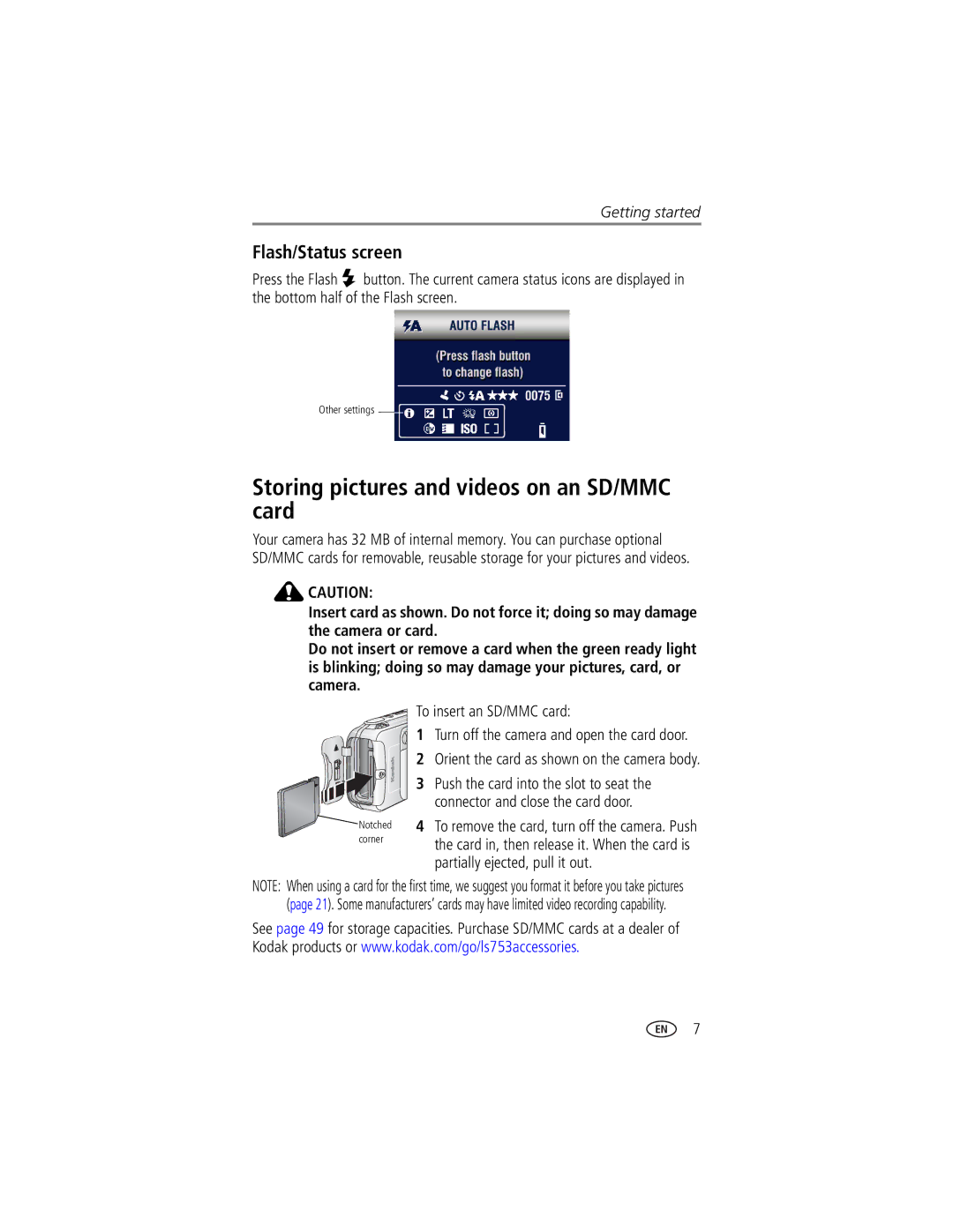 Kodak LS753 manual Storing pictures and videos on an SD/MMC card, Flash/Status screen, To insert an SD/MMC card 