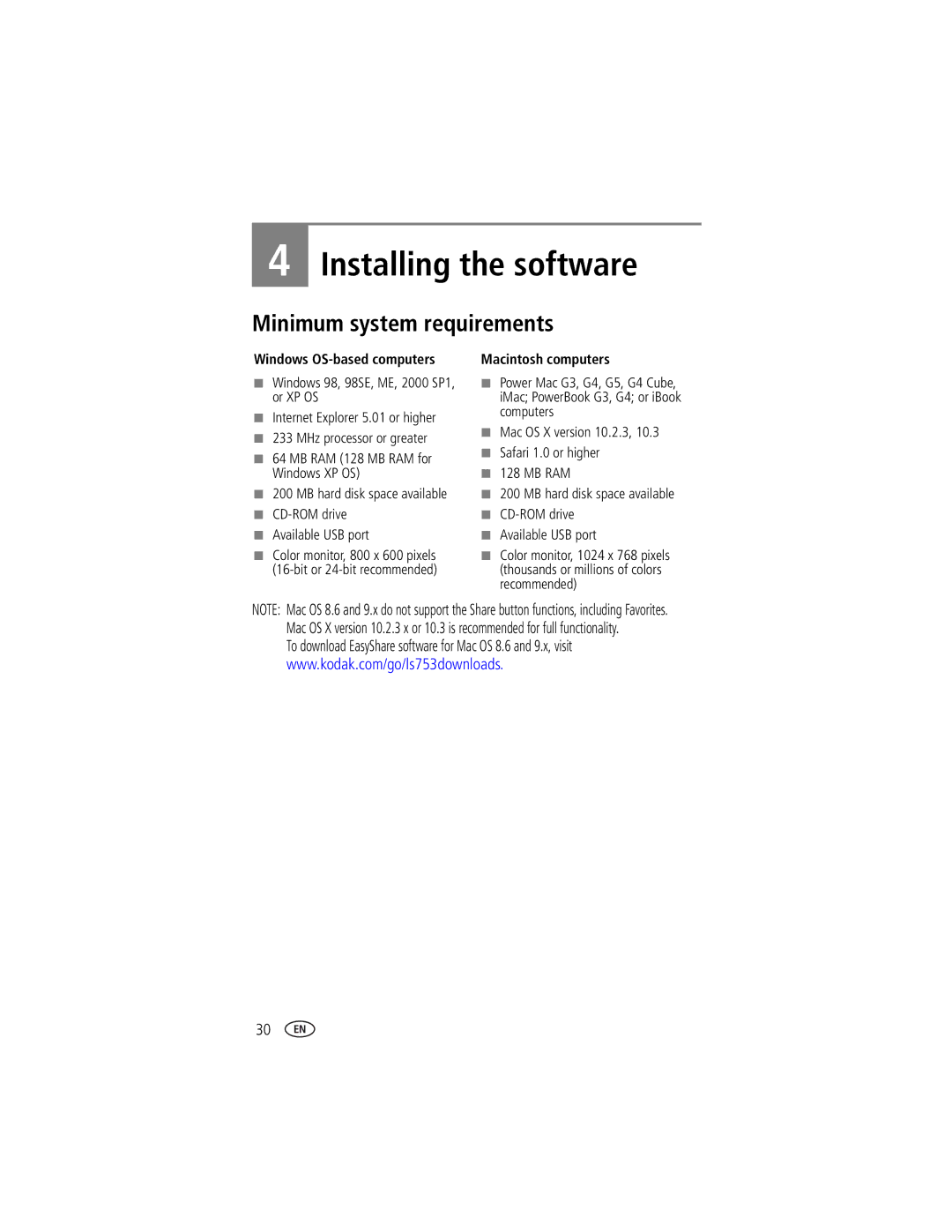 Kodak LS753 manual Installing the software, Minimum system requirements, Windows OS-based computers, Macintosh computers 