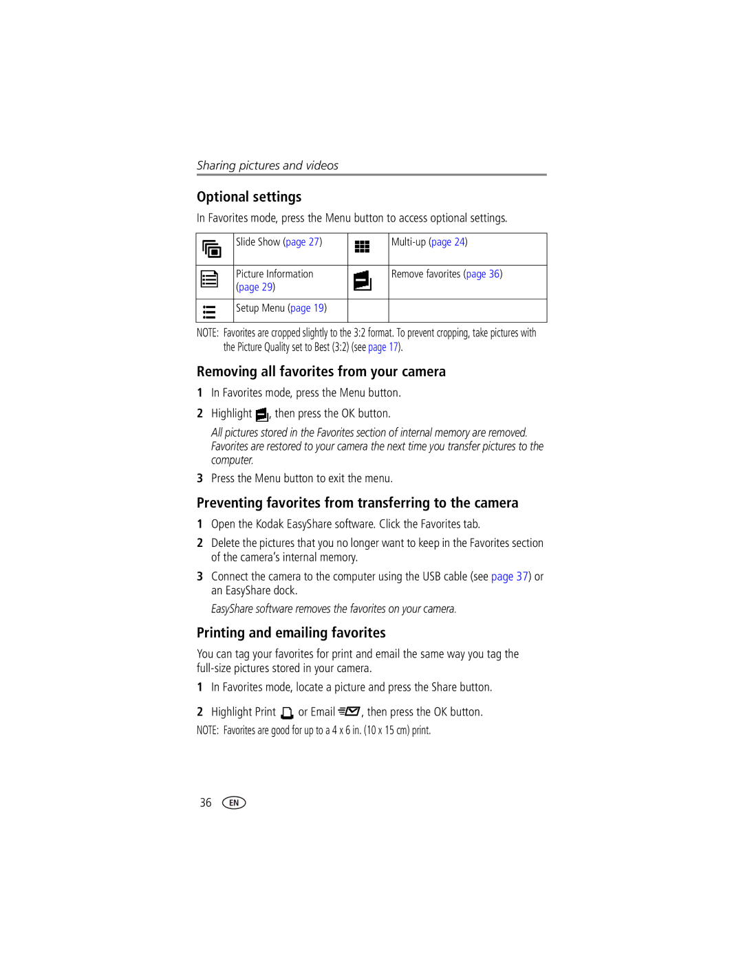 Kodak LS753 manual Optional settings, Removing all favorites from your camera, Printing and emailing favorites 