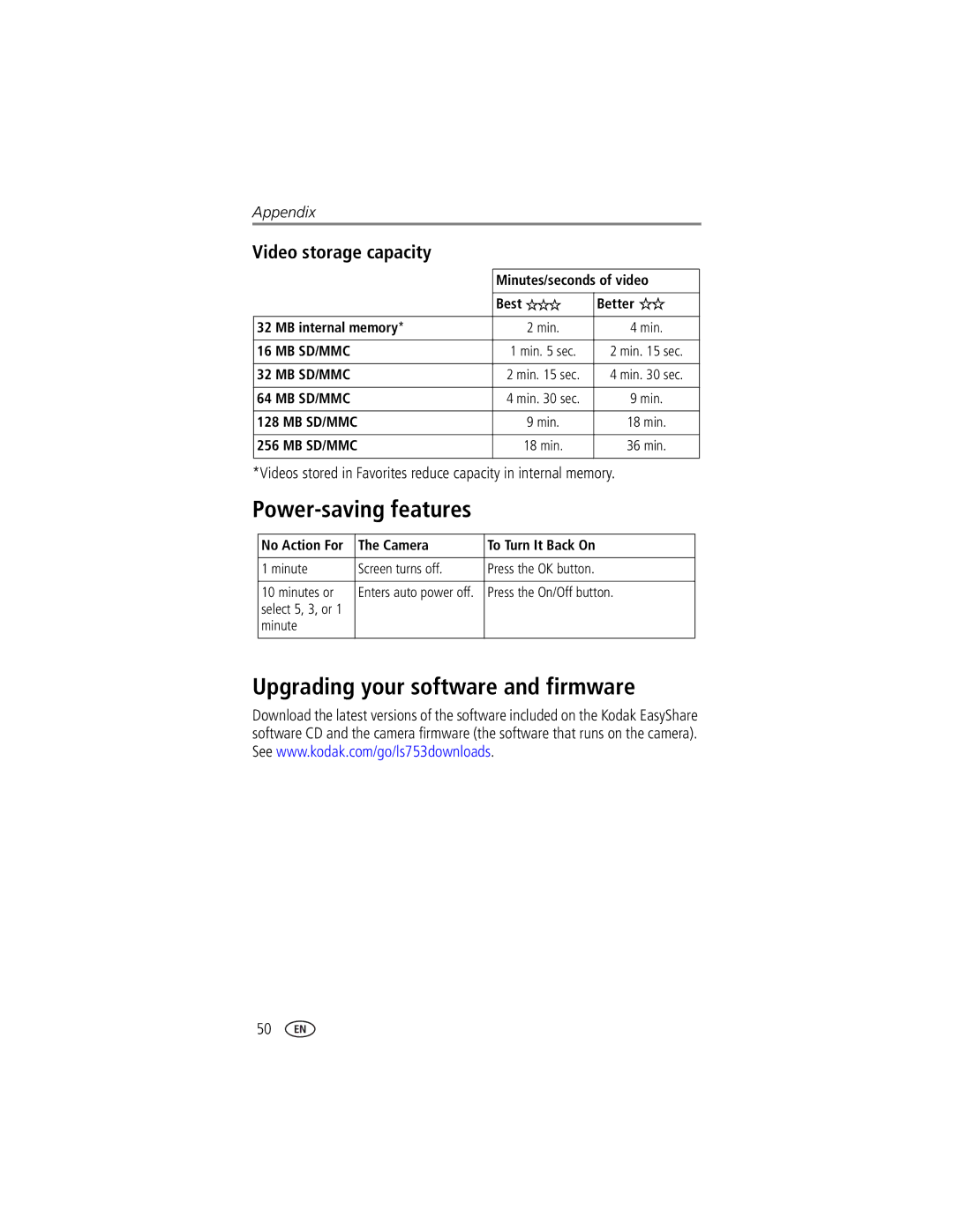 Kodak LS753 manual Power-saving features, Upgrading your software and firmware, Video storage capacity 