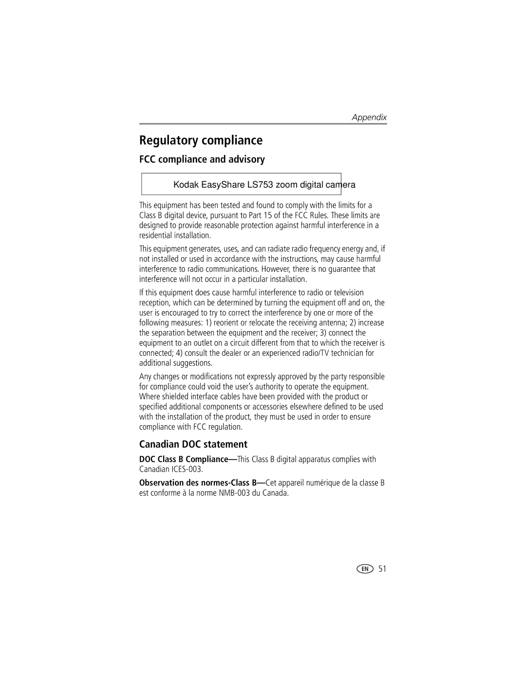 Kodak LS753 manual Regulatory compliance, FCC compliance and advisory, Canadian DOC statement 