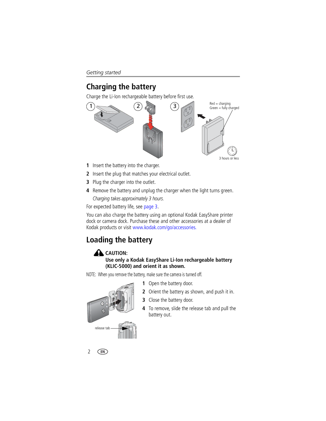 Kodak LS753 manual Charging the battery, Loading the battery, Insert the battery into the charger 