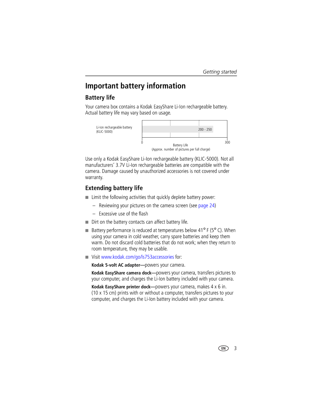 Kodak LS753 manual Important battery information, Battery life, Extending battery life 