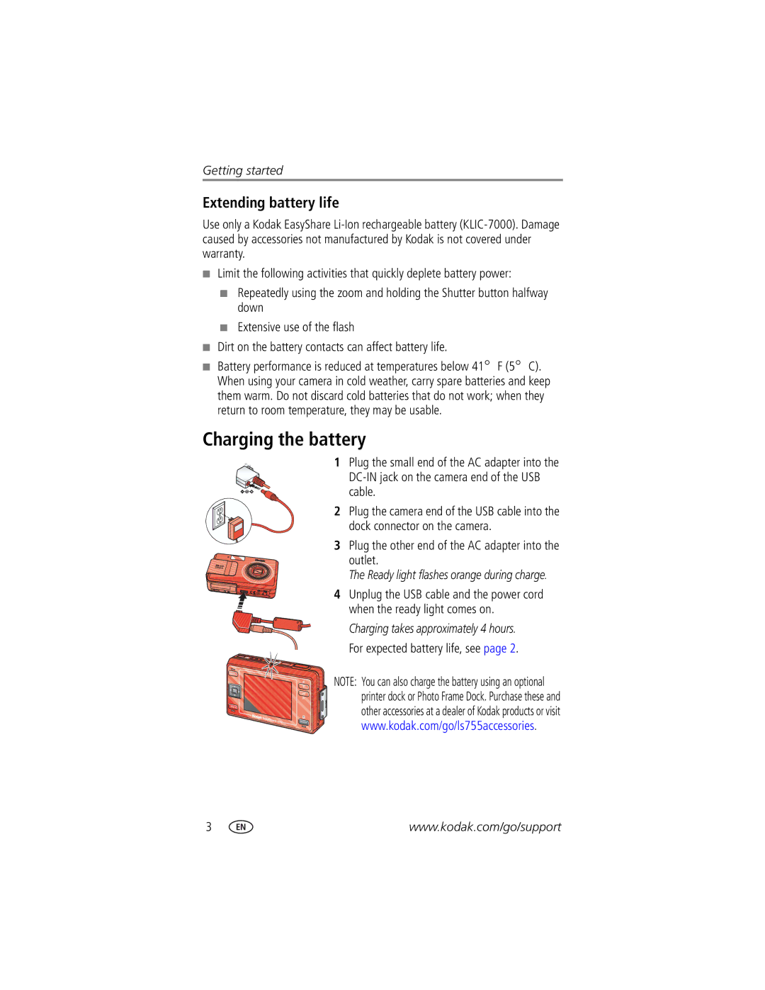 Kodak LS755 manual Charging the battery, Extending battery life, Plug the other end of the AC adapter into the outlet 