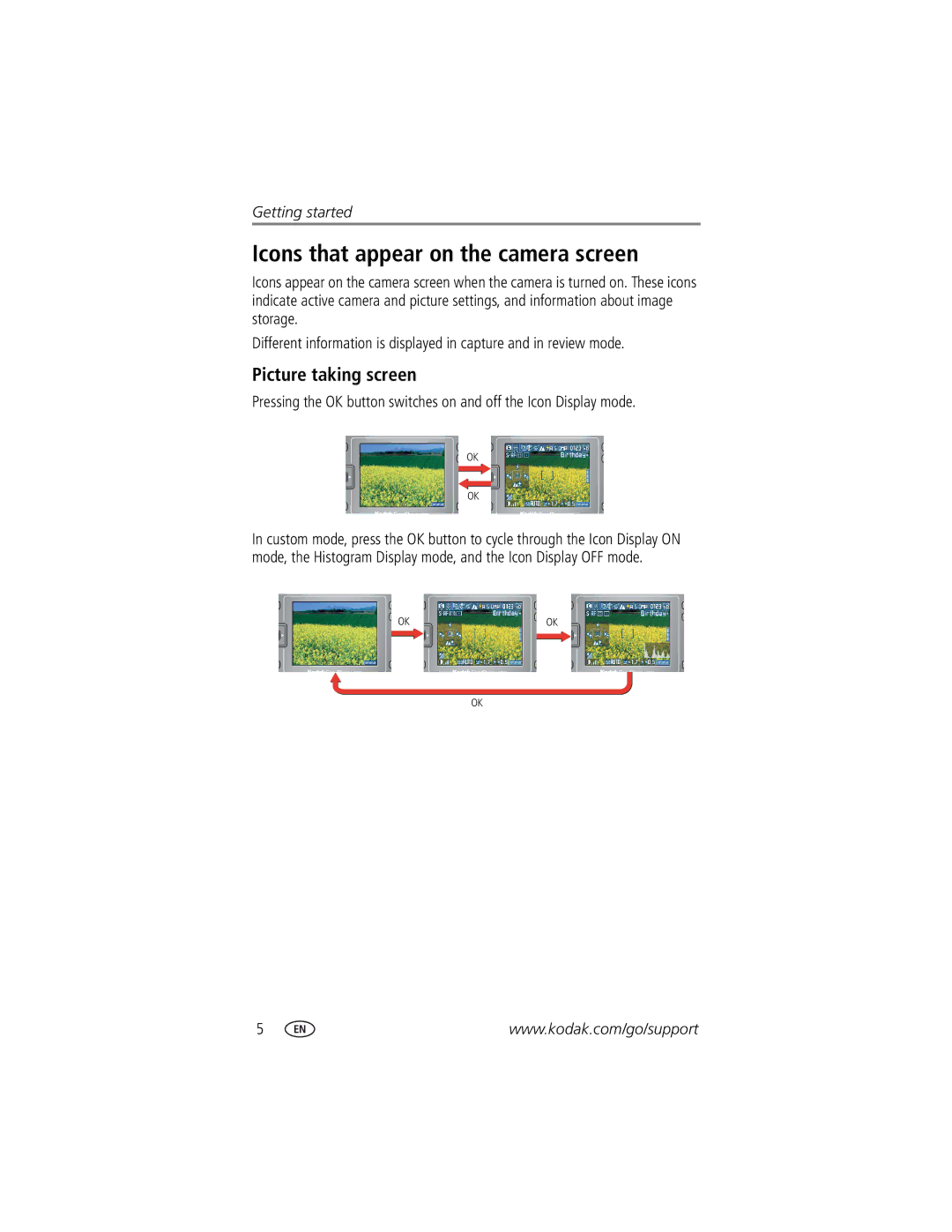 Kodak LS755 manual Icons that appear on the camera screen, Picture taking screen 