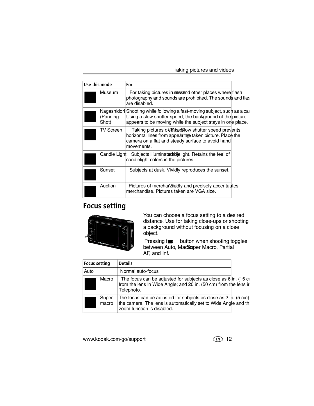 Kodak LS755 manual Focus setting 