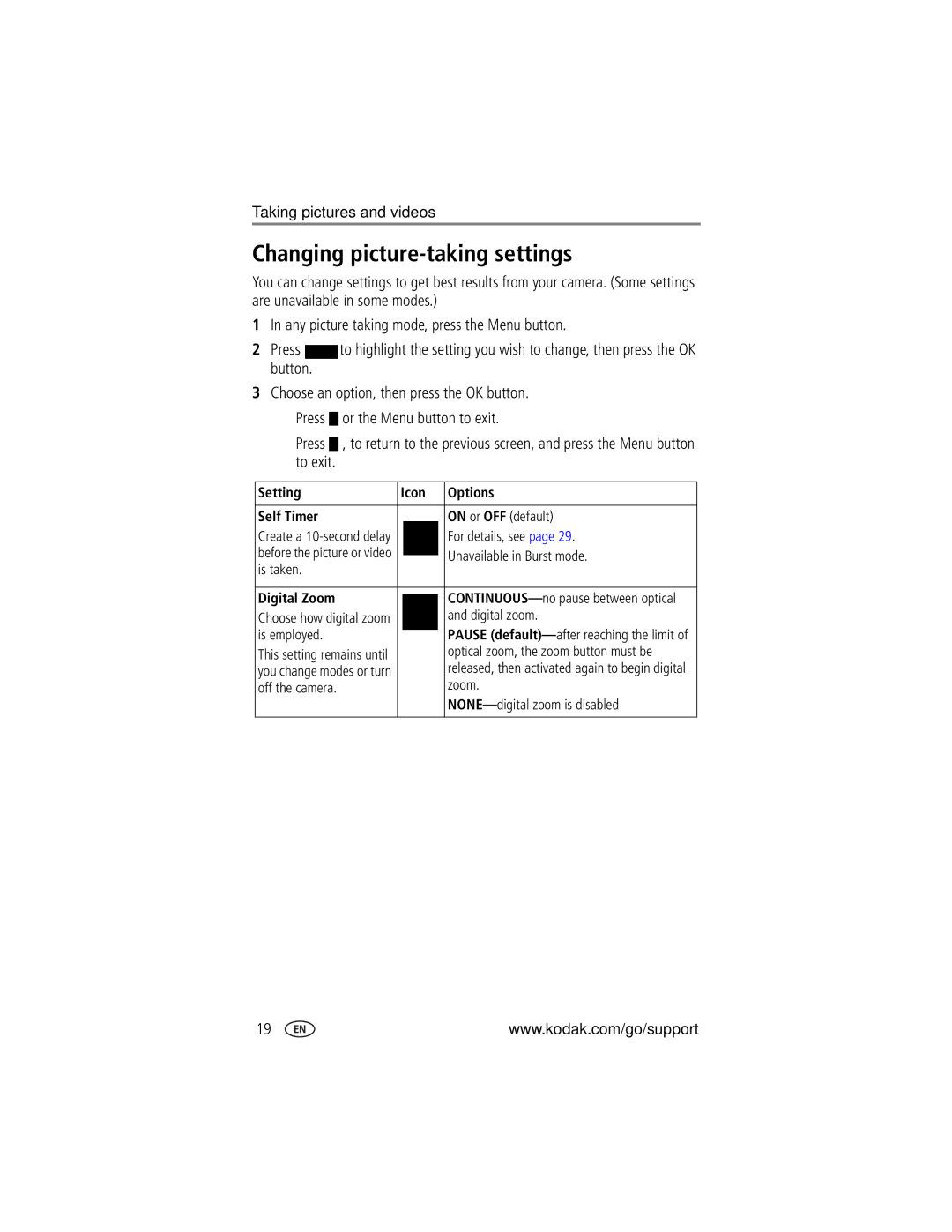 Kodak LS755 manual Changing picture-taking settings, Setting Icon Options Self Timer, Digital Zoom 