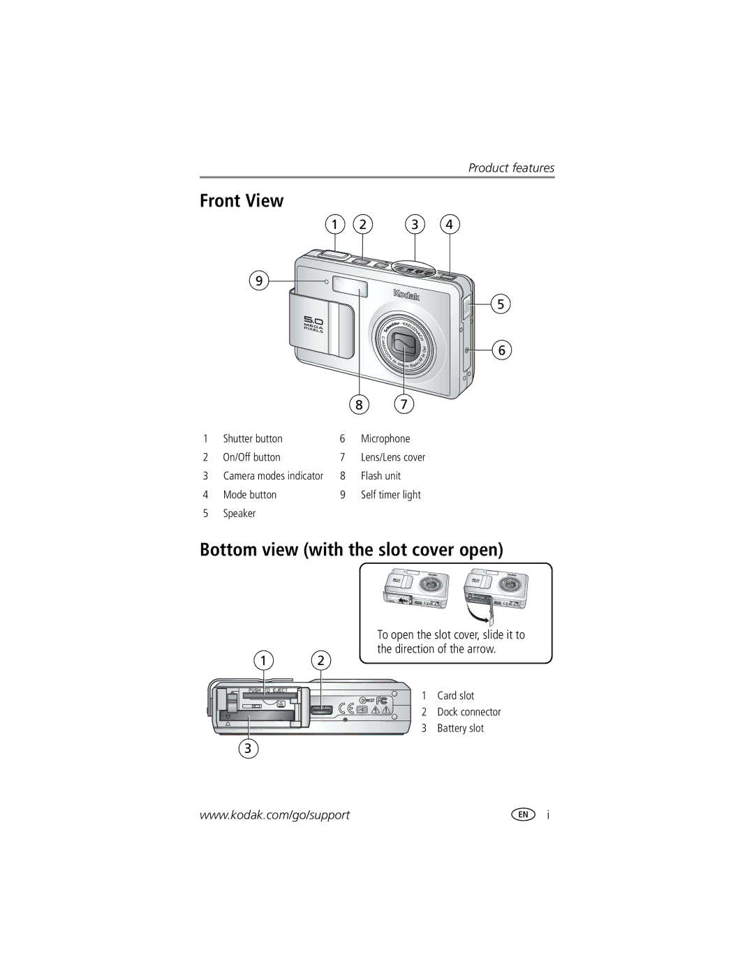 Kodak LS755 manual Front View, Bottom view with the slot cover open 