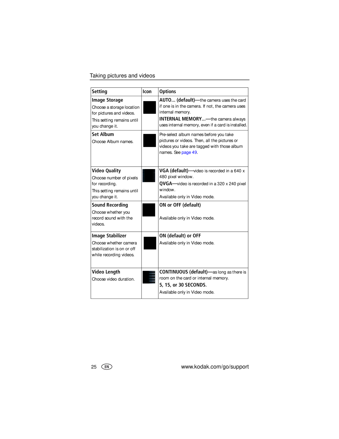 Kodak LS755 Setting Icon Options Image Storage, Set Album, Video Quality, Sound Recording On or OFF default, Video Length 