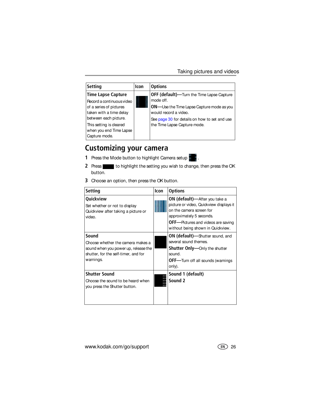 Kodak LS755 manual Customizing your camera, Setting Icon Options Quickview, Shutter Sound Sound 1 default 