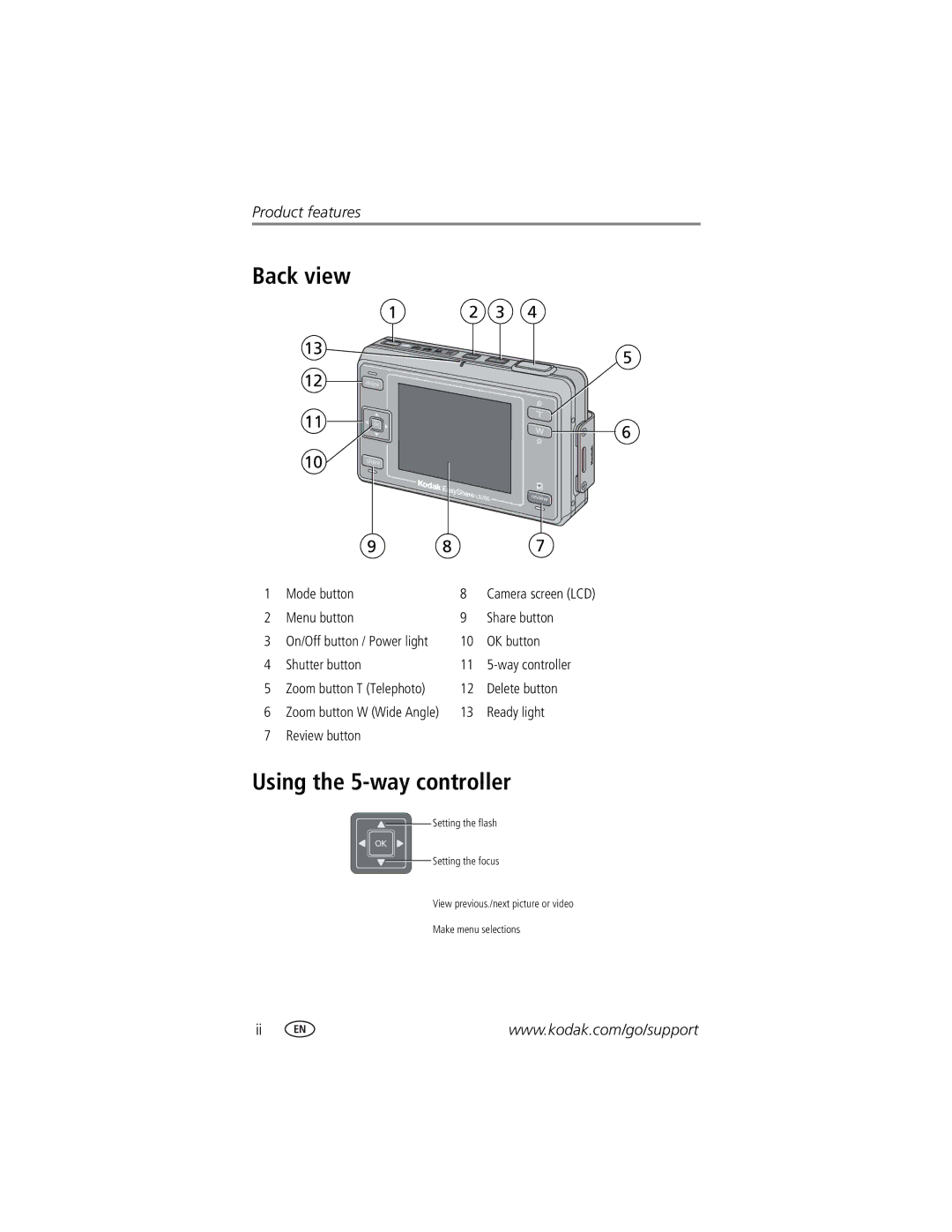 Kodak LS755 manual Back view, Using the 5-way controller 