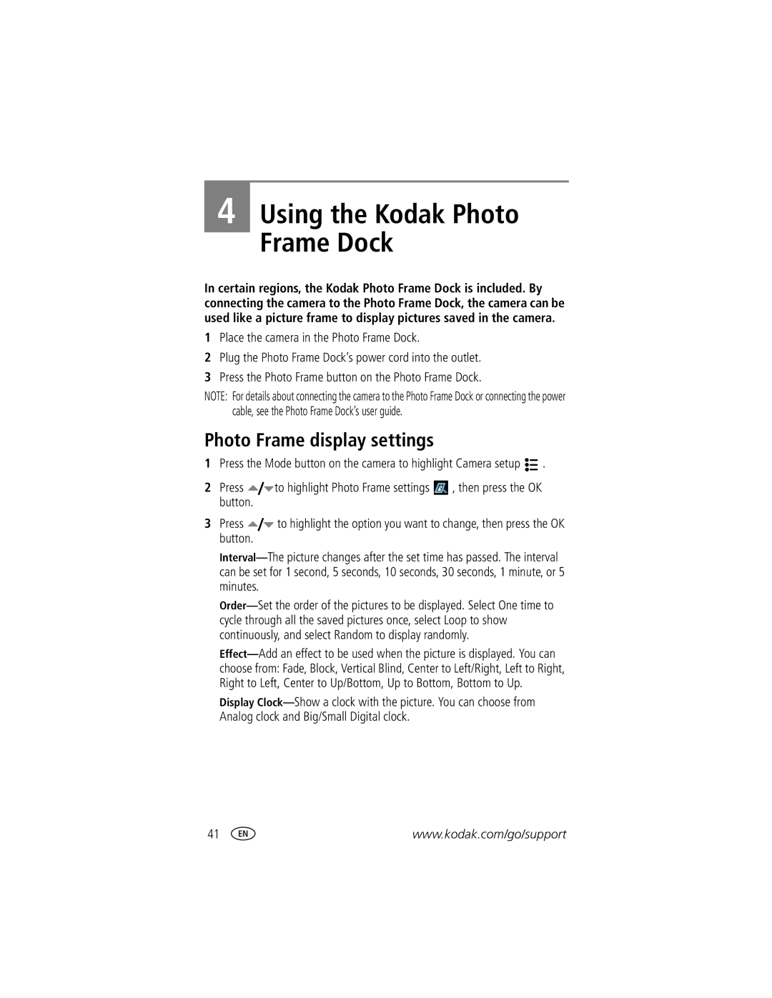 Kodak LS755 manual Using the Kodak Photo Frame Dock, Photo Frame display settings 