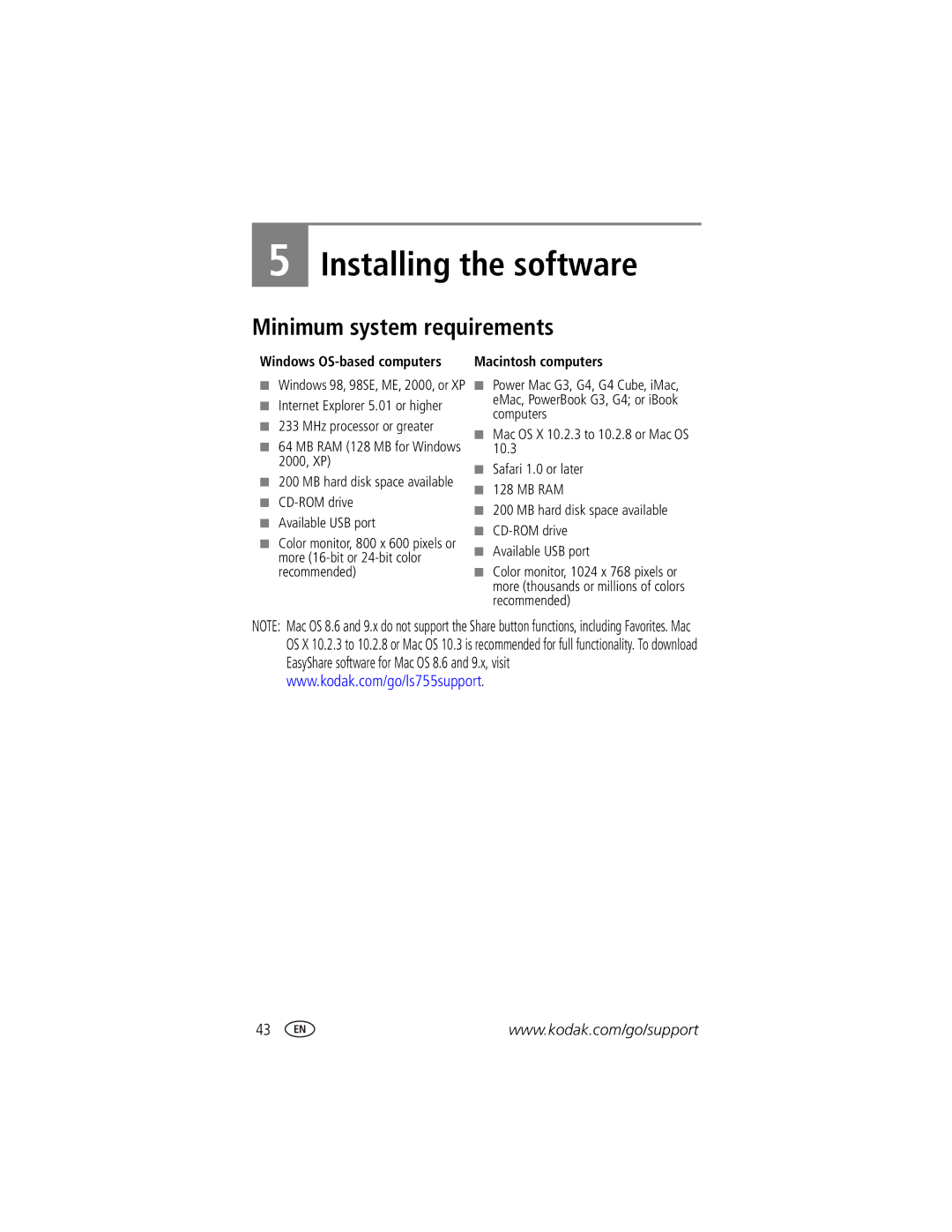 Kodak LS755 manual Installing the software, Minimum system requirements, Windows OS-based computers 