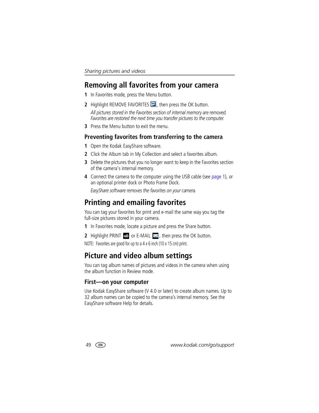 Kodak LS755 Removing all favorites from your camera, Printing and emailing favorites, Picture and video album settings 