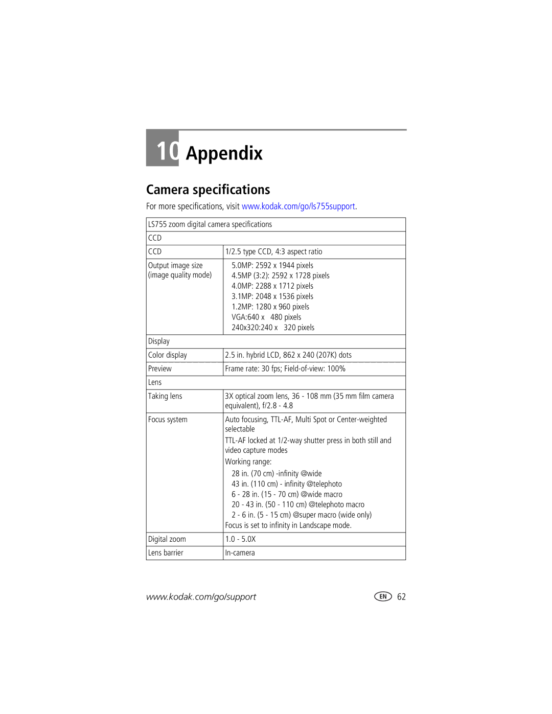 Kodak LS755 manual Appendix, Camera specifications 