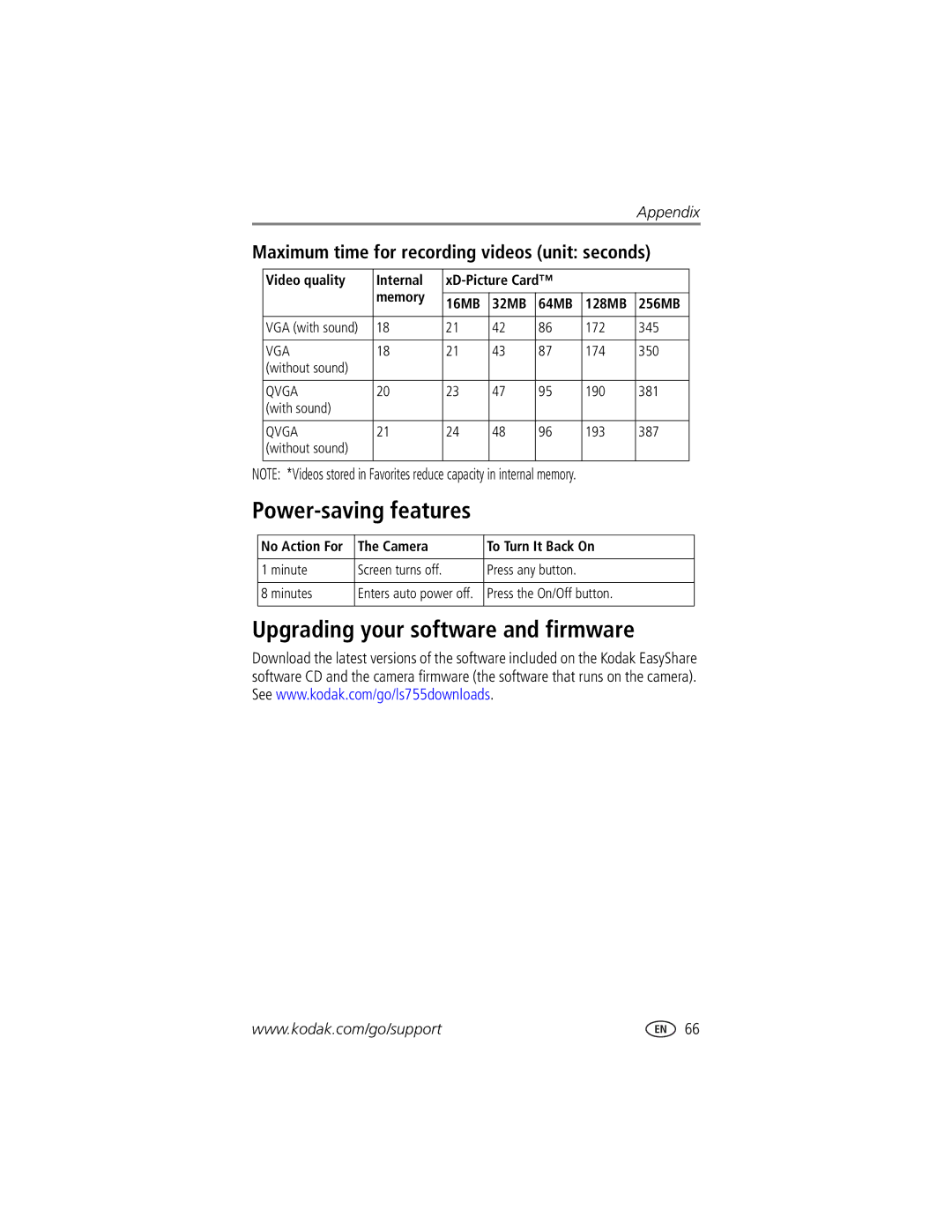 Kodak LS755 Power-saving features, Upgrading your software and firmware, Maximum time for recording videos unit seconds 
