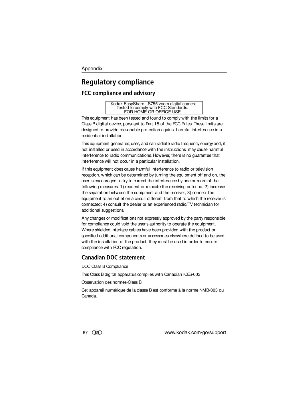 Kodak LS755 manual Regulatory compliance, FCC compliance and advisory, Canadian DOC statement 