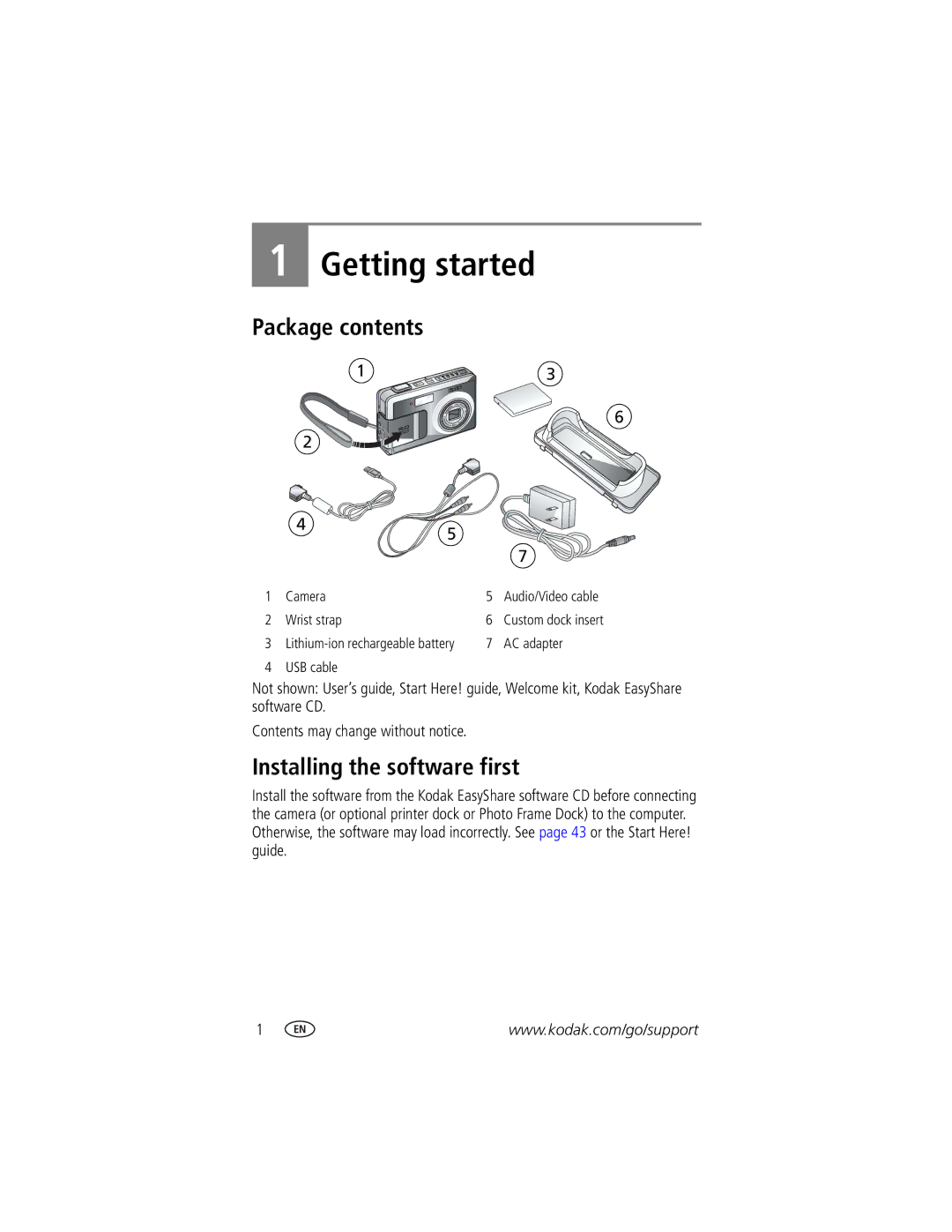 Kodak LS755 manual Getting started, Package contents, Installing the software first 