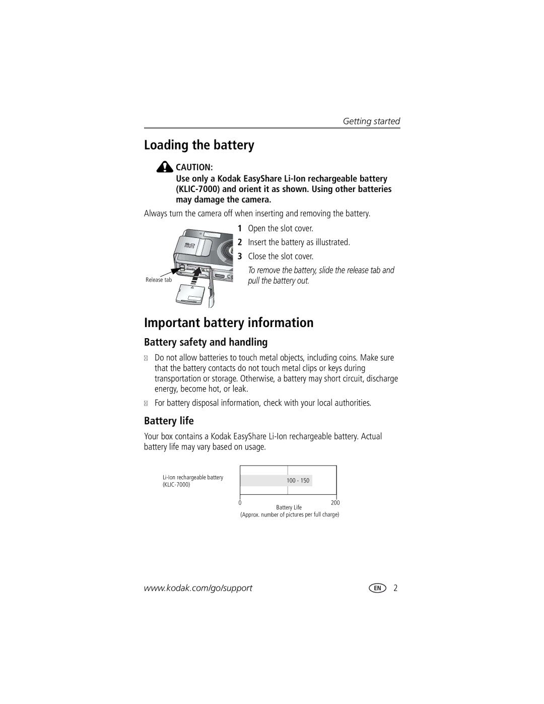 Kodak LS755 manual Loading the battery, Important battery information, Battery safety and handling, Battery life 